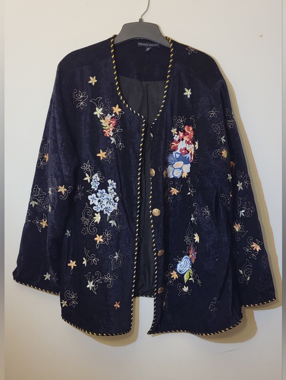 Indigo Moon Women's Plus 2X Navy Embroidered Floral Button Front Lined Jacket